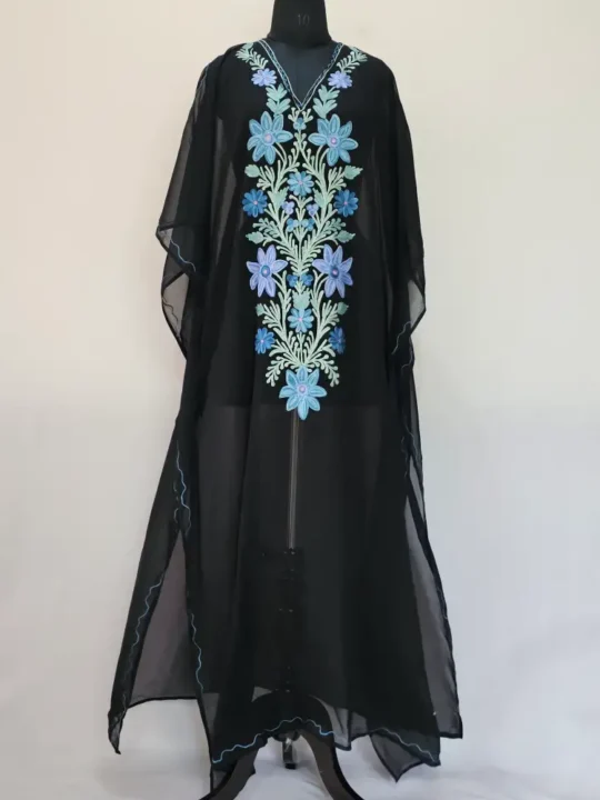 Black Long Kashmiri Georgette Kaftan With Aari Embroidery