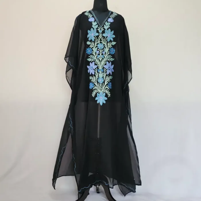 Black Long Kashmiri Georgette Kaftan With Aari Embroidery