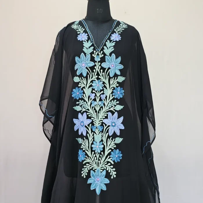 Black Long Kashmiri Georgette Kaftan With Aari Embroidery - Image 2