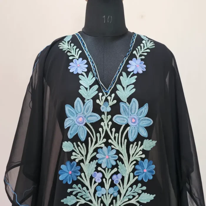 Black Long Kashmiri Georgette Kaftan With Aari Embroidery - Image 3