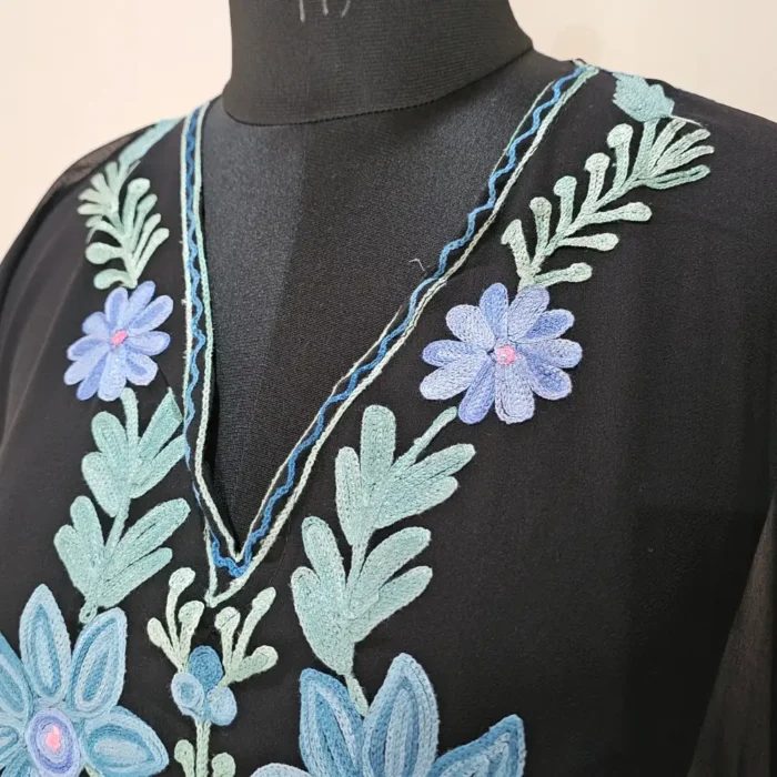 Black Long Kashmiri Georgette Kaftan With Aari Embroidery - Image 4