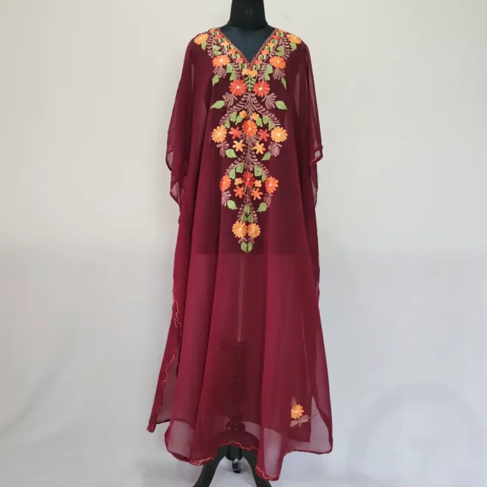 Maroon Long Kashmiri Georgette Kaftan With Aari Embroidery