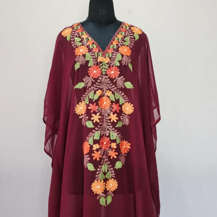 Maroon Long Kashmiri Georgette Kaftan With Aari Embroidery - Image 2