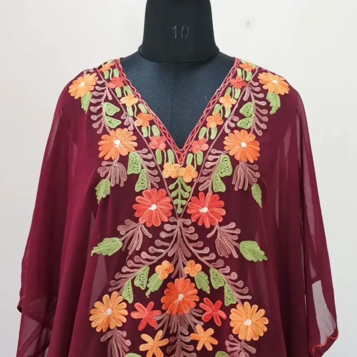 Maroon Long Kashmiri Georgette Kaftan With Aari Embroidery - Image 3
