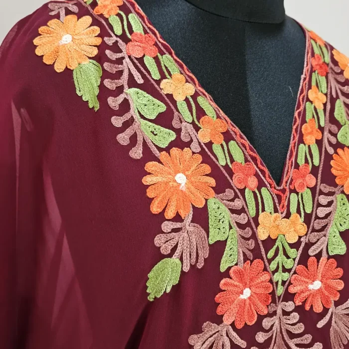 Maroon Long Kashmiri Georgette Kaftan With Aari Embroidery - Image 4