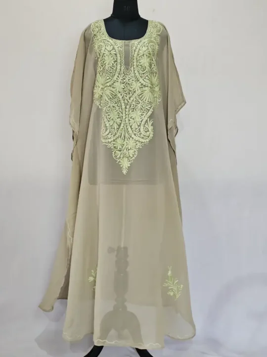 Beige Long Kashmiri Georgette Kaftan With Aari Embroidery