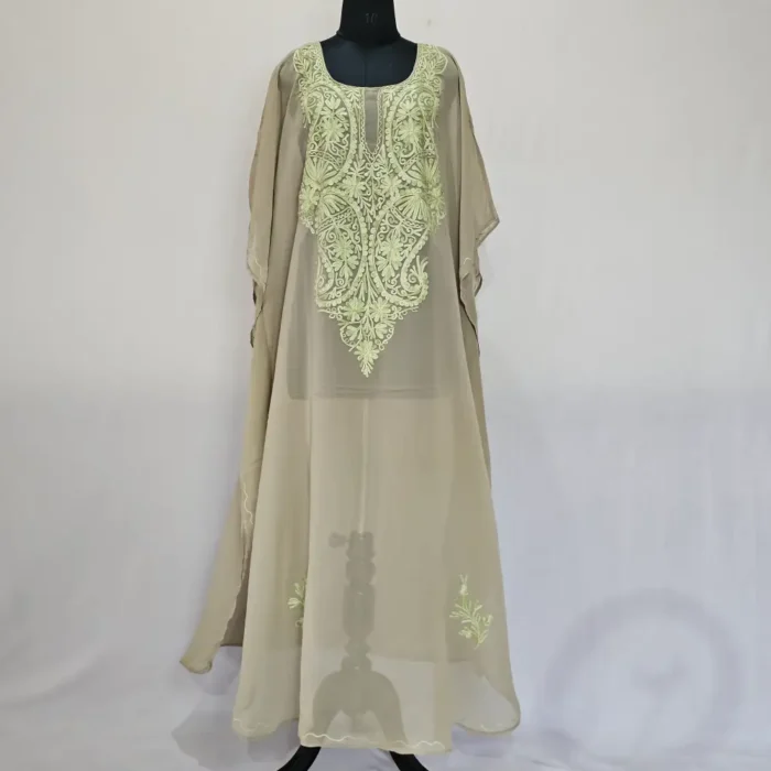 Beige Long Kashmiri Georgette Kaftan With Aari Embroidery