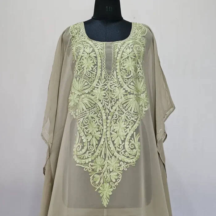 Beige Long Kashmiri Georgette Kaftan With Aari Embroidery - Image 3