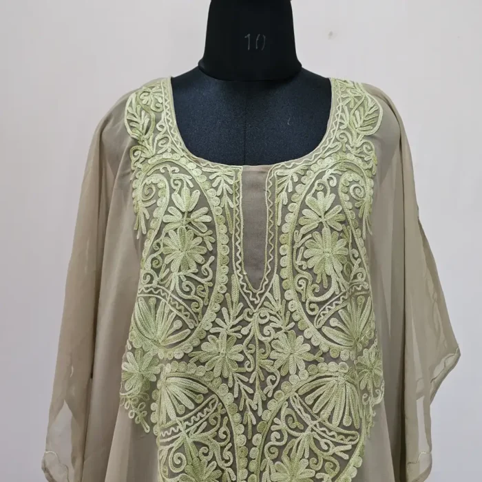 Beige Long Kashmiri Georgette Kaftan With Aari Embroidery - Image 4