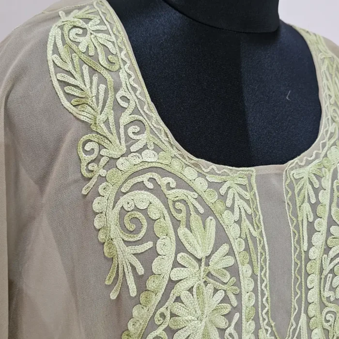 Beige Long Kashmiri Georgette Kaftan With Aari Embroidery - Image 5