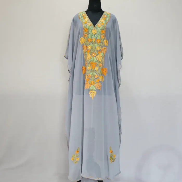 Dark Grey Long Kashmiri Georgette Kaftan With Aari Embroidery