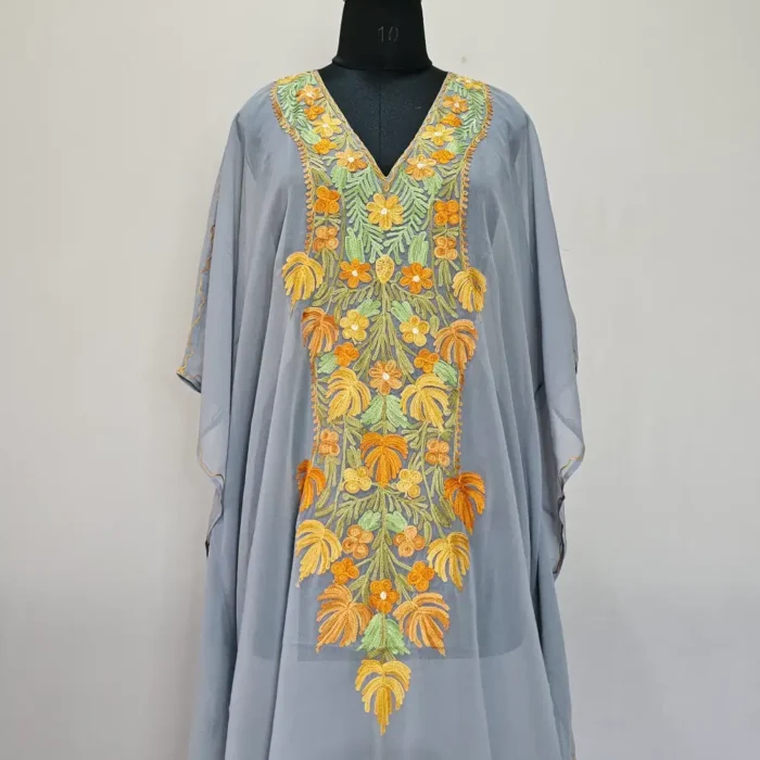 Dark Grey Long Kashmiri Georgette Kaftan With Aari Embroidery - Image 2
