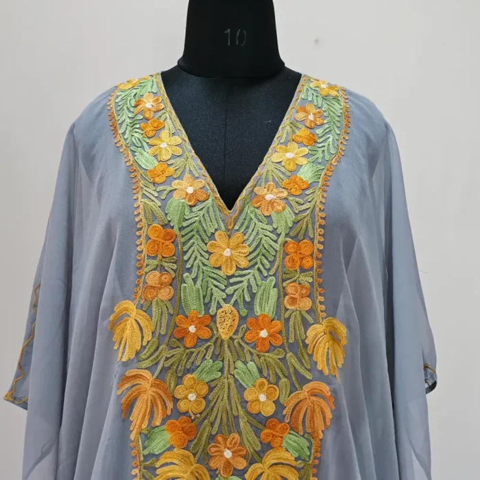 Dark Grey Long Kashmiri Georgette Kaftan With Aari Embroidery - Image 3