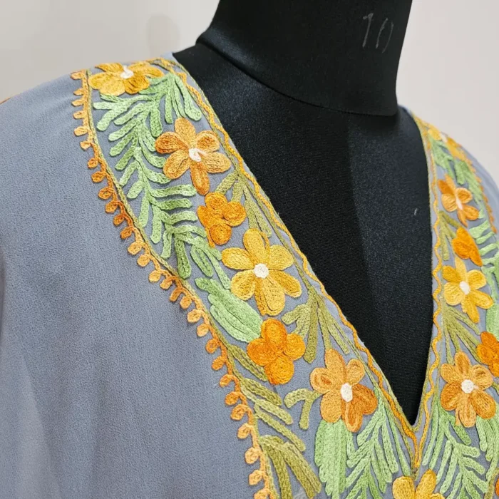 Dark Grey Long Kashmiri Georgette Kaftan With Aari Embroidery - Image 4
