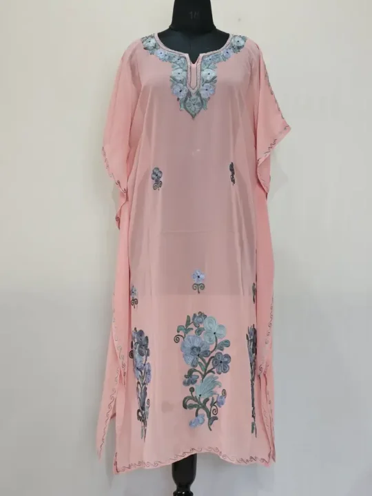 Pinkish Long Kashmiri Georgette Kaftan With Aari Embroidery