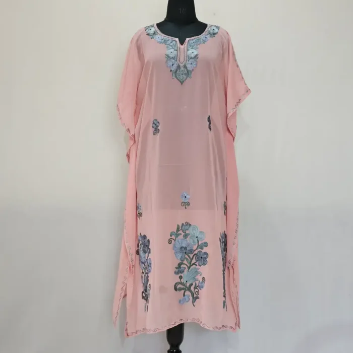 Pinkish Long Kashmiri Georgette Kaftan With Aari Embroidery