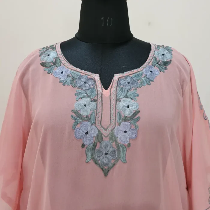 Pinkish Long Kashmiri Georgette Kaftan With Aari Embroidery - Image 3