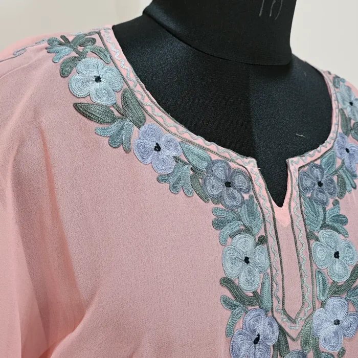 Pinkish Long Kashmiri Georgette Kaftan With Aari Embroidery - Image 5