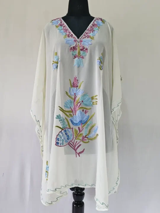 Georgette Cream Aari Work Mahjabeen Kashmiri Kaftan