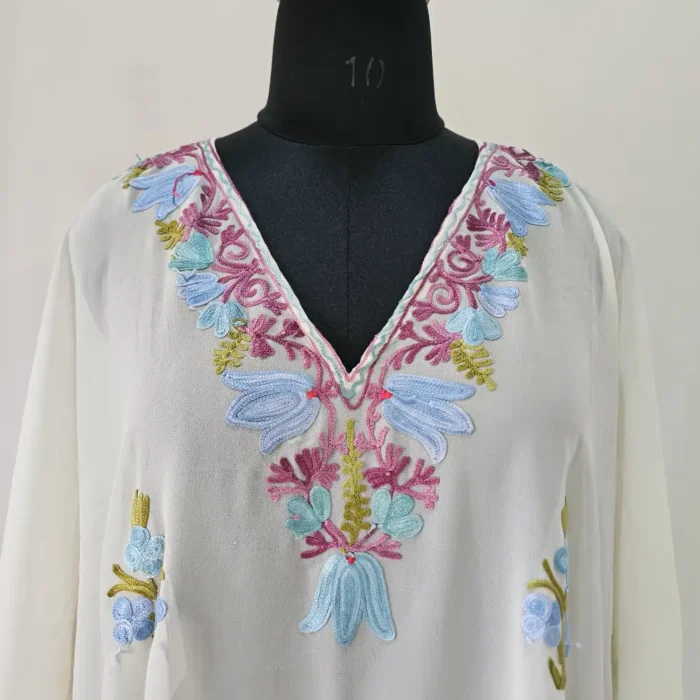 Georgette Cream Aari Work Mahjabeen Kashmiri Kaftan - Image 2