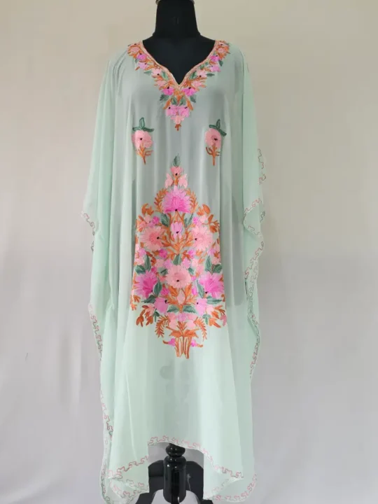 Kashmiri Green Aari Work Loose Feroza Kaftan in Georgette