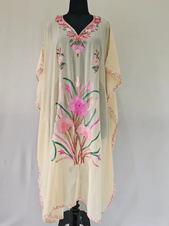 Zareen Aari Embroidered Beige Kashmiri Kaftan in Georgette