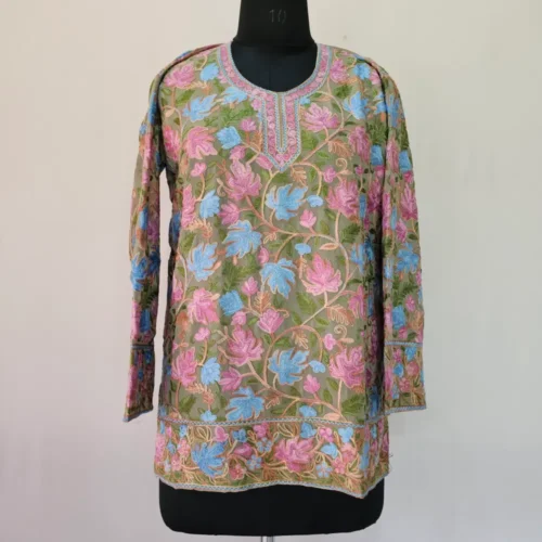 Green Short Georgette Kurti with Chinari Ari Work -  Dal Jheel