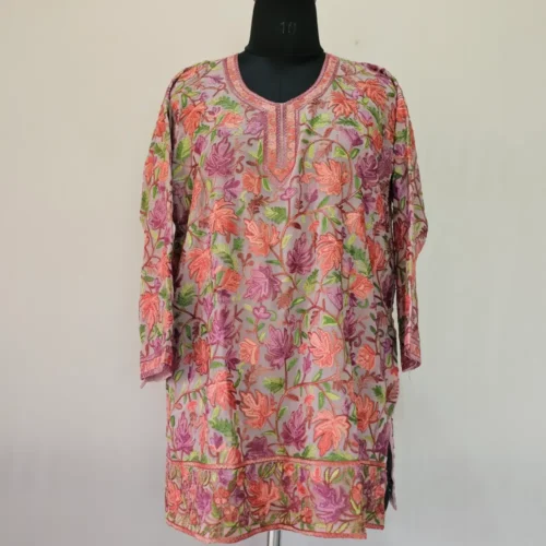 Pinkish Short Georgette Kurti with Chinari Ari Work -  Dal Jheel