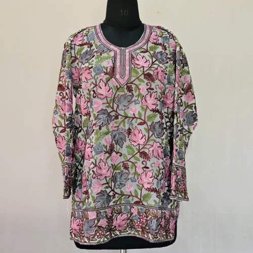 Creamy Short Georgette Kurti with Chinari Ari Work -  Dal Jheel