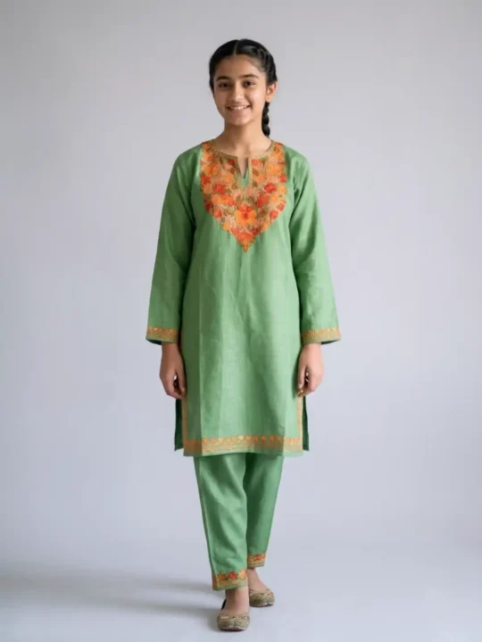 Inaya Cotton Keshir Aari Embroidery Kurti Set for Girl (8-9 Years)