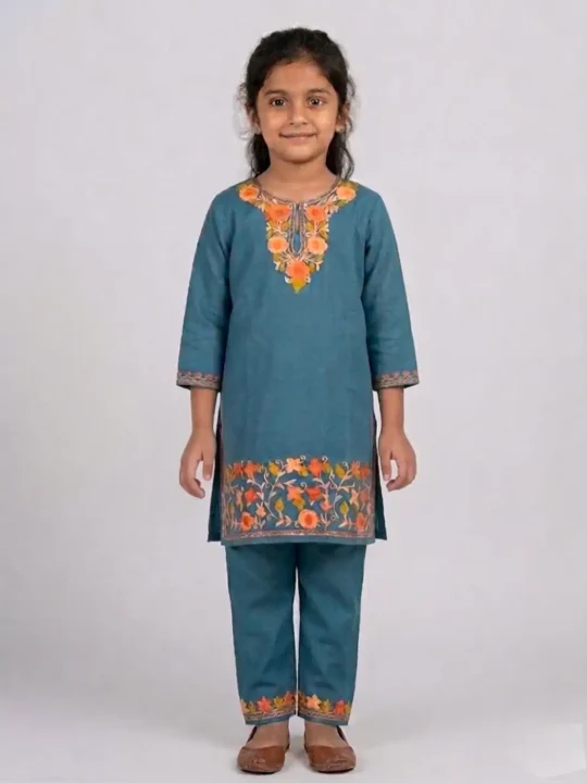 Cotton Kashmiri Aari Kurta Set for Kids With Daman Design– Lailah (5-6 years)