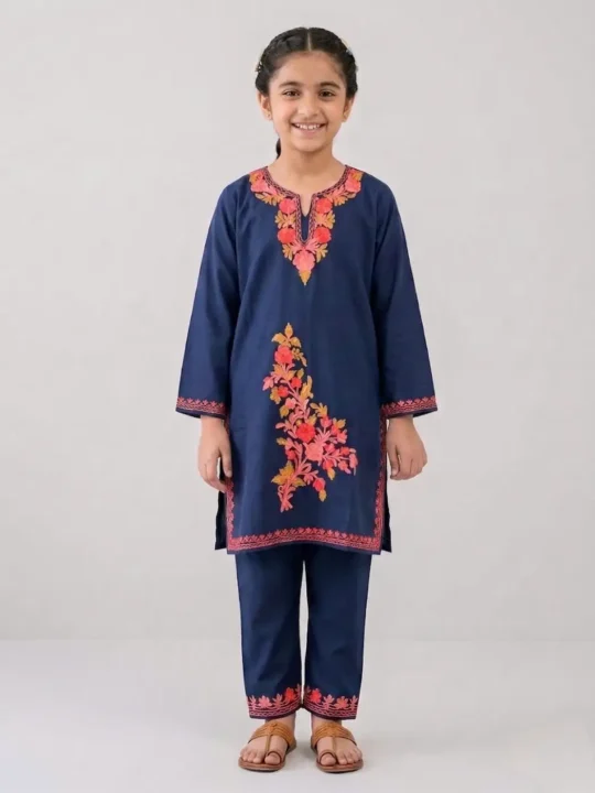 Ruhi Kashmiri Girls Cotton Kurta Set Dark Blue Aari Embroidered 8-9years)