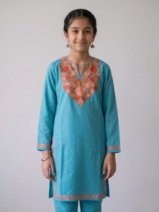 Kurta Set for Girls Kashmiri in Ruby Cotton Aari Embroidered (10-11Years)