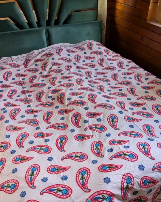 Srinagar-made Double Hand Crewel Embroidered Bed Cover in Dusoot Cotton