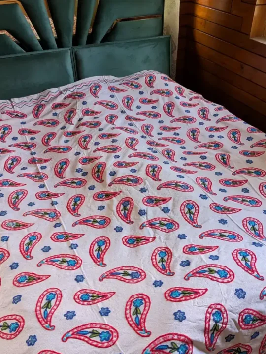 Srinagar-made Double Hand Crewel Embroidered Bed Cover in Dusoot Cotton