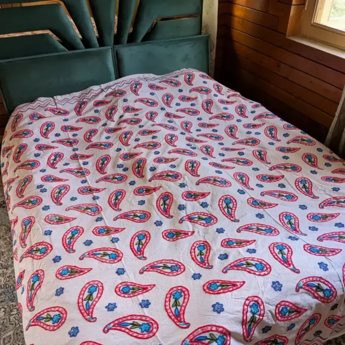 Srinagar-made Double Hand Crewel Embroidered Bed Cover in Dusoot Cotton