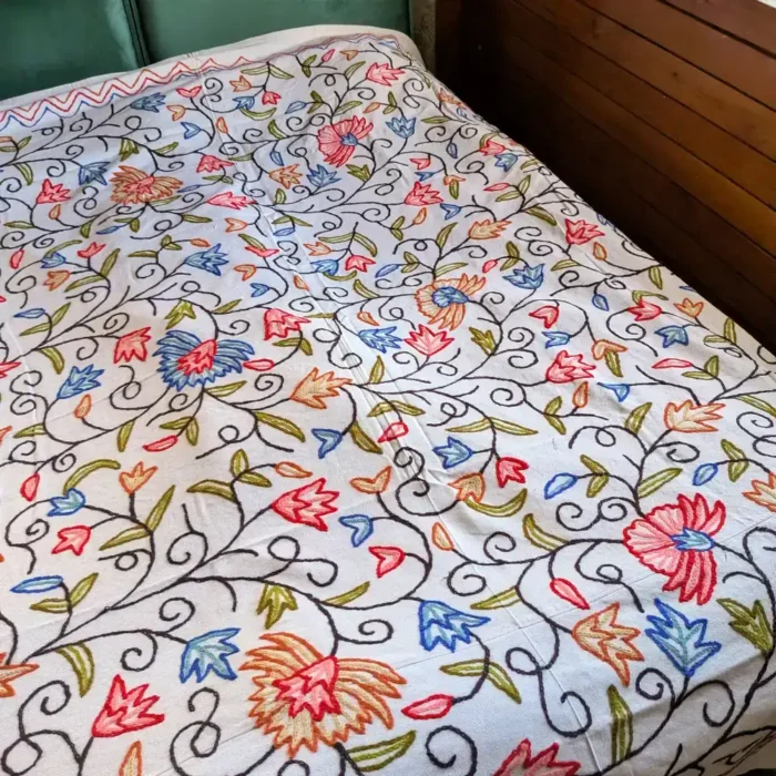 Dusoot Cotton Double Kashmiri Bed Cover with Hand Crewel Embroidery - Image 2