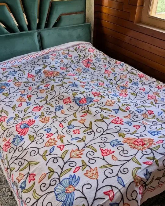 Dusoot Cotton Double Kashmiri Bed Cover with Hand Crewel Embroidery