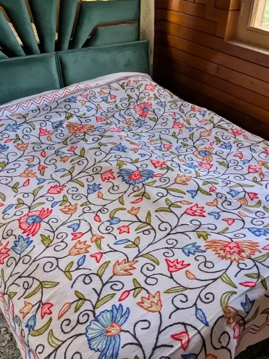 Dusoot Cotton Double Kashmiri Bed Cover with Hand Crewel Embroidery