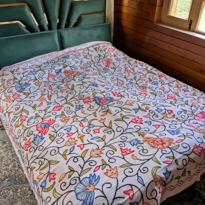 Dusoot Cotton Double Kashmiri Bed Cover with Hand Crewel Embroidery