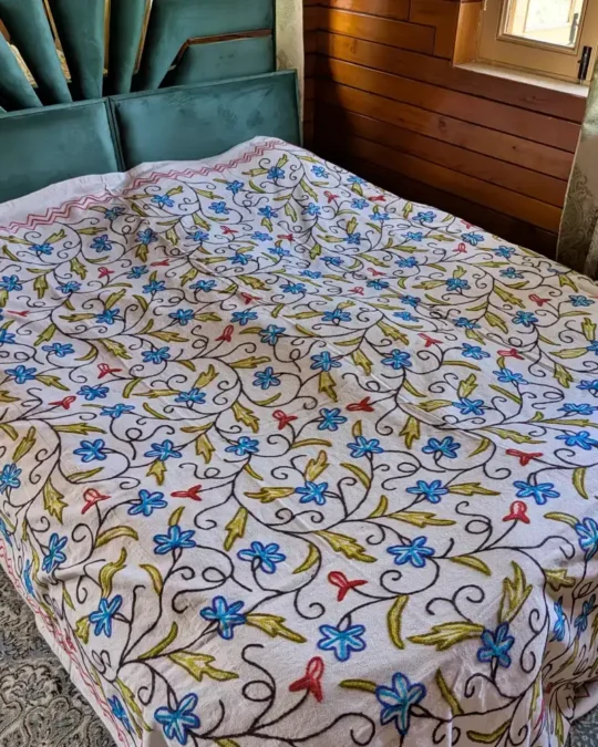 Kashmiri Dusoot Cotton Double Hand Crewel Embroidered Bed Cover