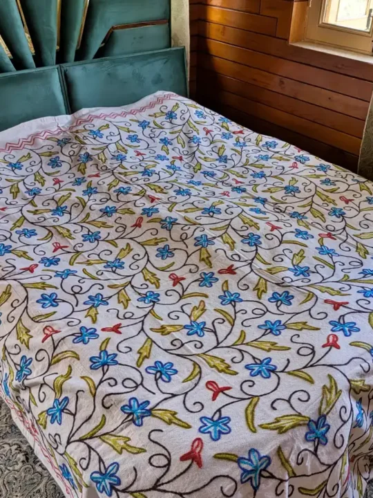 Kashmiri Dusoot Cotton Double Hand Crewel Embroidered Bed Cover