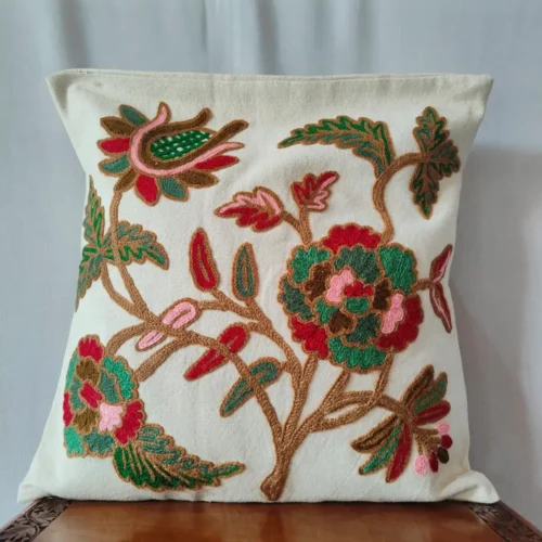 Kashmiri Hand Crewel Embroidered Cushion Cover Pair in Cotton