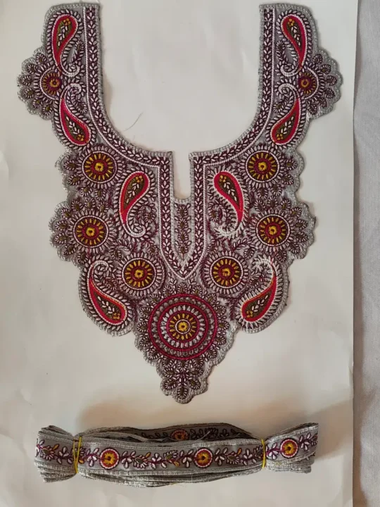 Kashmiri Light Grey Sozni Needle Work Patch with Lace