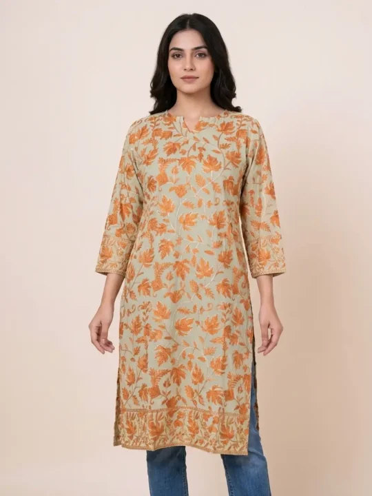 Long Kurti in Pastel Green Georgette with Kashmiri Aari Embroidery - Zuleikha