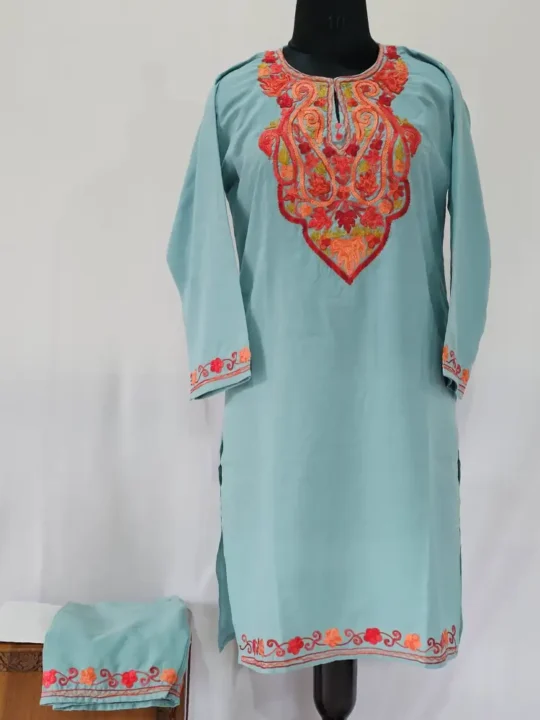 Sehrish Summer Cool Blue Aari Embroidered Kurti Set from Kashmir