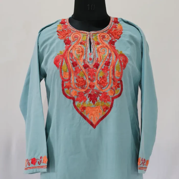 Sehrish Summer Cool Blue Aari Embroidered Kurti from Kashmir - Image 2