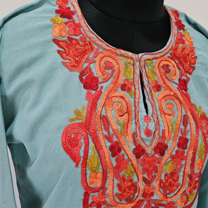 Sehrish Summer Cool Blue Aari Embroidered Kurti from Kashmir - Image 3