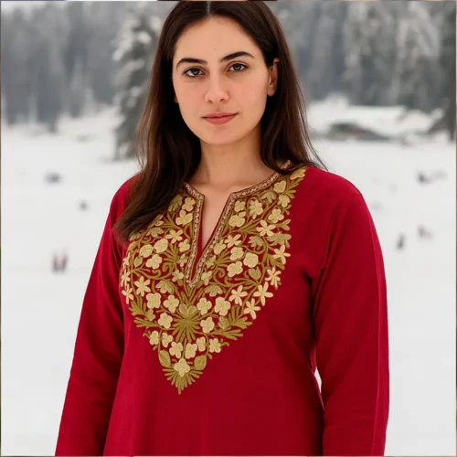 Elegent Long Maroon Kashmiri Ari Embroidered Cotton Kurti - Zohra