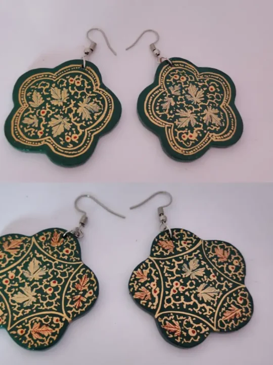 Kashmiri Green Paper Machie Earrings - 2 Pair Set